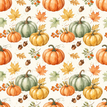 Watercolor Autumn Pumpkin Seamless Pattern with Maple Leaves