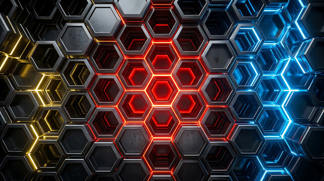 Abstract Futuristic Background Featuring Metallic Hexagonal Honeycomb Structures with Vibrant Glowing Red, Blue, and Yellow Neon Light Edges in a 3D Geometric Pattern