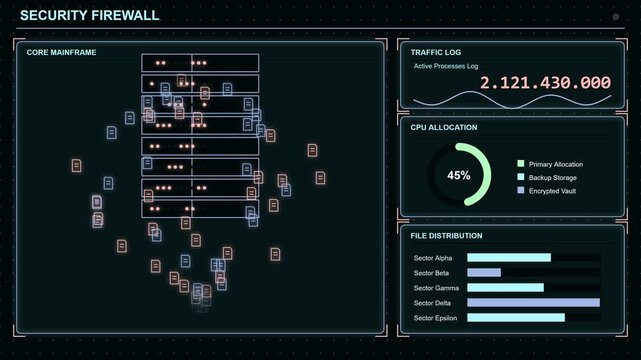 Security firewall dashboard displaying network traffic logs and system cpu allocation metrics