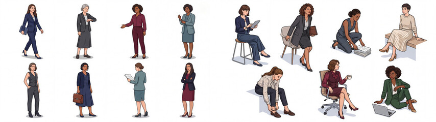 Fototapeta premium Diverse Professional Businesswomen in Corporate Office Work Poses Illustration Set