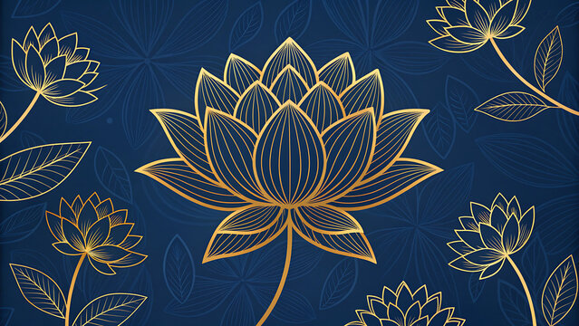 Golden lotus bloom pattern on navy blue background with botanical