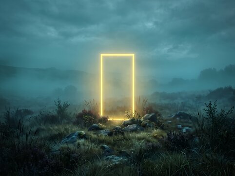 A glowing yellow rectangular portal illuminating a misty field of grass and heather with low rock formations under a somber grey and teal cloud-covered horizon