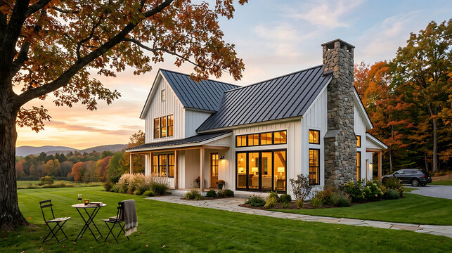 Beautiful Modern Farmhouse Exterior at Sunset with Stone Chimney and Lush Autumn Landscape