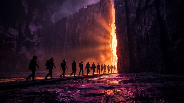 A group of silhouettes of travelers walking through a narrow canyon towards a glowing warm light illuminating a mystical foggy landscape with wet ground and