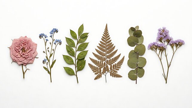 Collection of Beautiful Pressed Dried Flowers and Green Leaves Arranged in a Row on a White Background