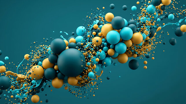 Abstract 3D Background with Dynamic Floating Spheres and Fluid Liquid Splashes in Teal and Gold Colors