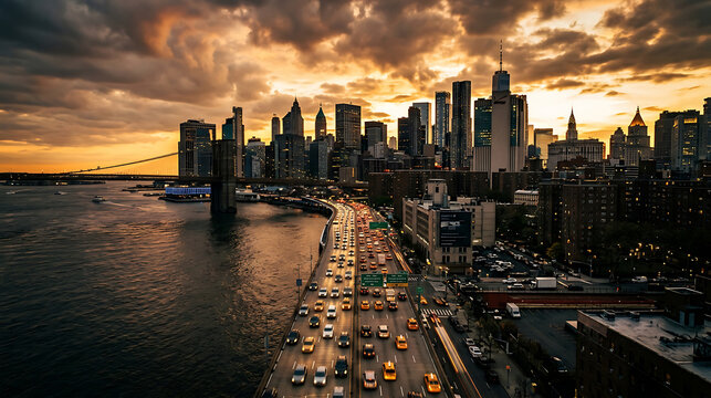 Breathtaking Aerial View of New York City Skyline at Sunset with Heavy Traffic on FDR Drive and Brooklyn Bridge in the Background