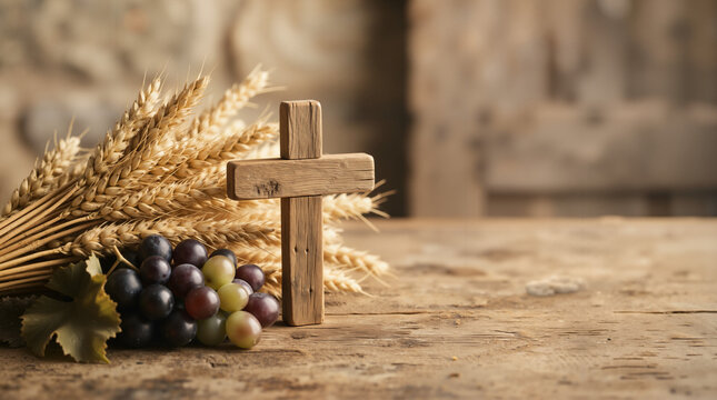 Wooden cross with wheat and grapes on a rustic table. Christian communion and Eucharist symbols of bread and wine. Biblical concept background with copy space