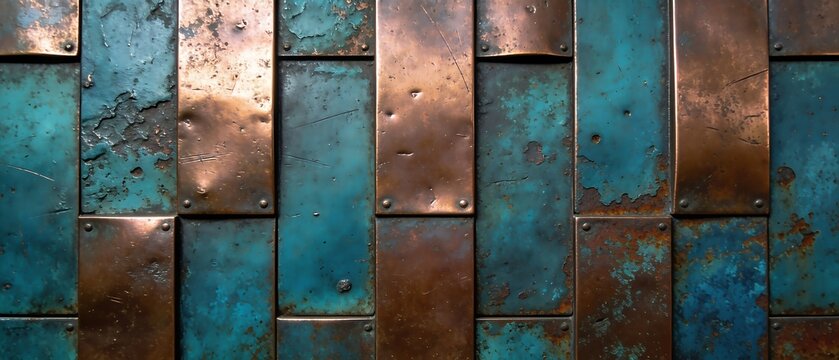 Textured copper and verdigris metal panels forming a wall surface.