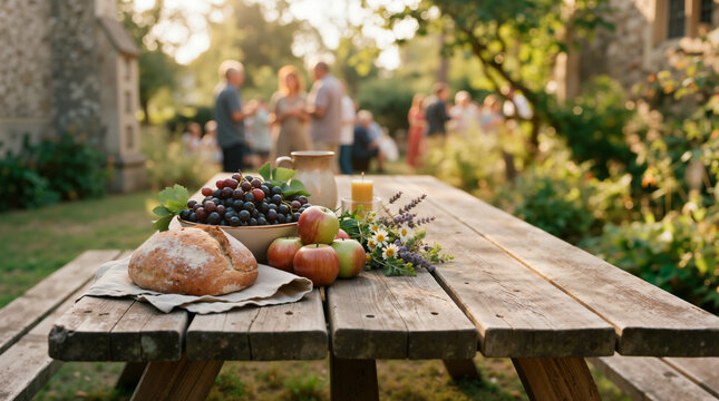 Rustic wooden table with fresh bread, grapes, and apples in a church garden. Community harvest festival and religious fellowship gathering during golden hour