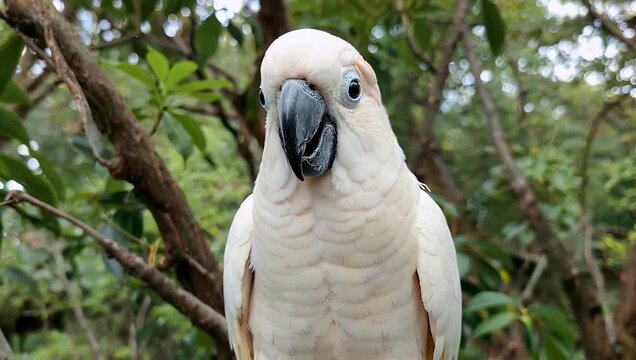A white Cockatoo parrot clicking its beak and staring directly into the camera lens capturing expressive exotic bird behavior in macro detail