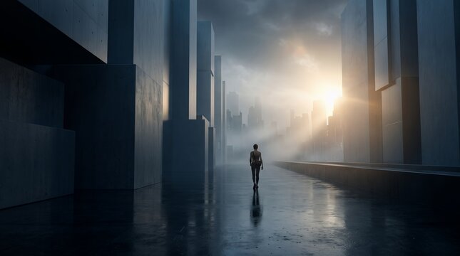 A solitary wanderer walking away down a wet reflective corridor inside a monumental brutalist cityscape at sunrise with glowing mist and massive architecture
