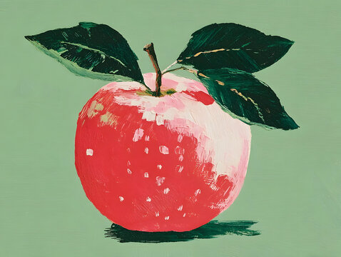 Red apple illustration with green leaves, hand-painted texture, representing healthy eating, fresh produce, organic food, and natural simplicity on a light green background