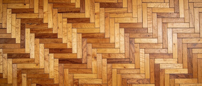 Close up of a wooden parquet floor in a herringbone pattern.