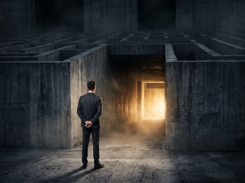 Close-up perspective of a suited man facing the glowing depth of a vast concrete labyrinth, hands clasped behind his back embodying thoughtful corporate