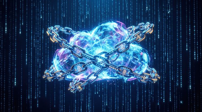 Futuristic blockchain cloud security with digital chains, binary code, data protection and encryption technology for cybersecurity, network safety and information privacy