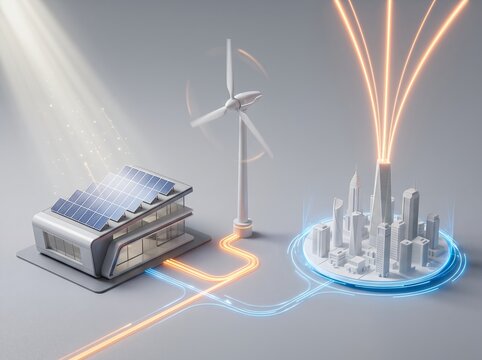 Futuristic micro city energy grid visualization showing photovoltaic solar array and wind turbine channeling glowing orange and blue electrical currents toward