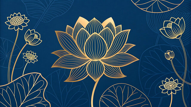 Decorative golden lotus flower wallpaper on deep blue background