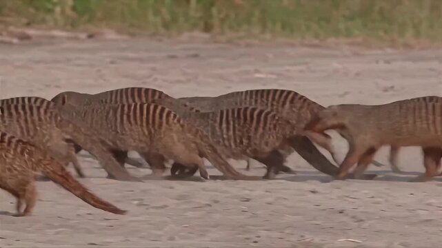 A pack of banded mongooses scurrying across a dusty savanna path