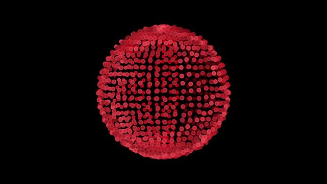 Abstract red particle sphere grid background. Glowing digital 3d orb motion design. Futuristic science technology glowing dot sphere backdrop.