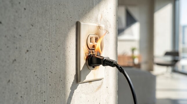 Electrical wall outlet catching fire around an overloaded power plug, illustrating a dangerous home wiring emergency