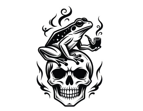 Frog smoking pipe sitting on a skull in gothic tattoo style