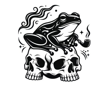 Frog smoking pipe perched on human skull monochrome tattoo illustration