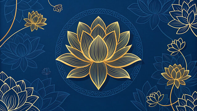 Golden lotus flower illustration on dark blue background