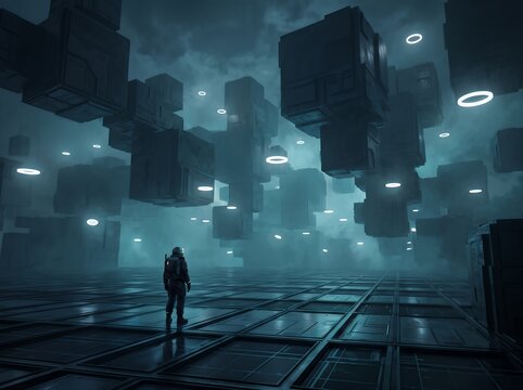 Solitary astronaut gazing up at massive floating abstract monoliths with glowing portal lights in a foggy dark realm and metallic grid floor