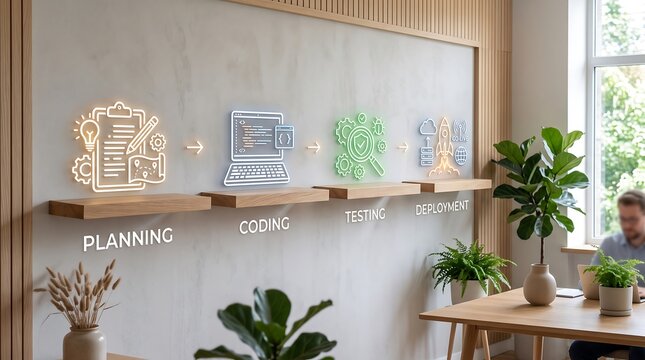 Software development life cycle process visualized with glowing neon icons on modern wooden office shelves
