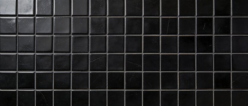 Dark Black Square Mosaic Tiles Background Pattern.