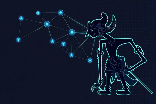 Glowing wayang kulit shadow puppet silhouette connected to digital network nodes on dark background representing traditional Indonesian culture meeting modern technology