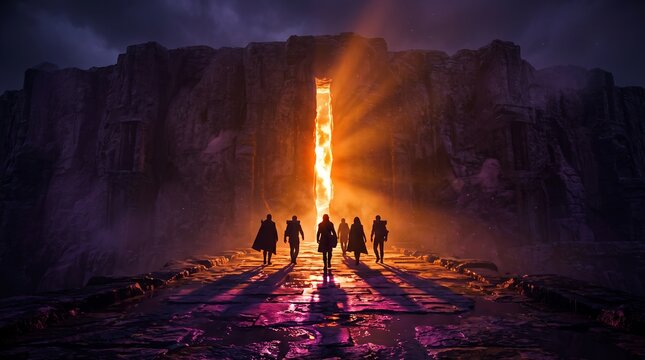 Voyagers approach an immense glowing rift cut deep into sheer rock walls, casting bright amber rays across a damp reflective stone plateau