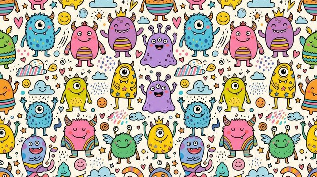 Cute funny monsters doodle seamless pattern background