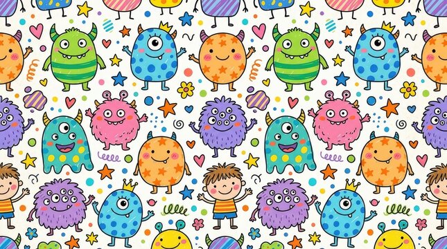 Cute funny monsters and child doodles seamless pattern background