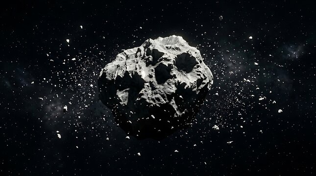 Large asteroid floating in deep space with debris.