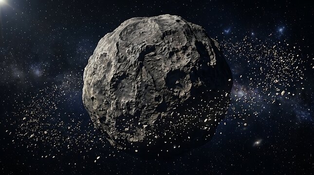 Large cratered asteroid with orbiting debris ring in deep space.