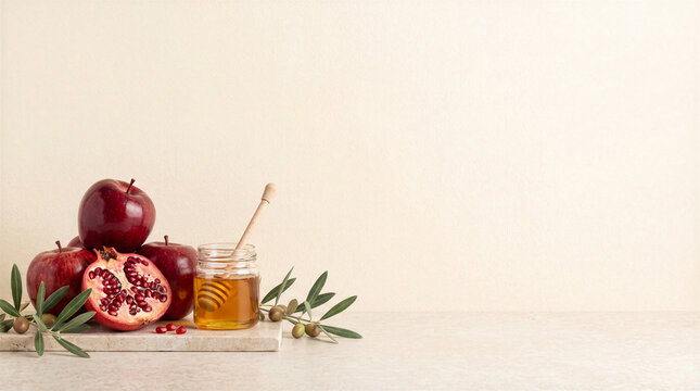 Rosh Hashanah Celebration Concept Traditional Jewish New Year Symbols Including Fresh Red Apples Pomegranate Honey Jar And Green Olive Branches On Minimalist Stone Surface, Fruit, Organic Food