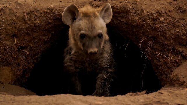 Curious hyena cubs peek out from their den in the African savanna