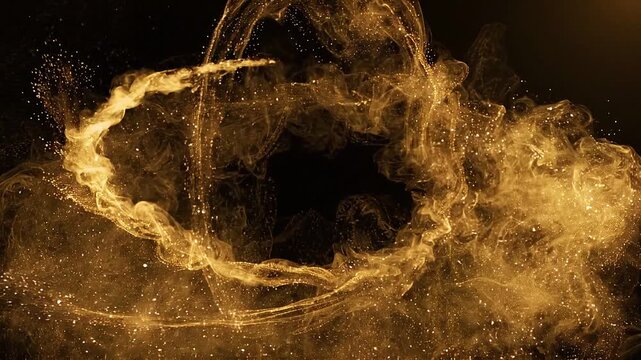 Golden smoke ring swirling with glowing particles on a black background. Abstract cosmic energy flow and magic ethereal vortex motion for fantasy motion design.