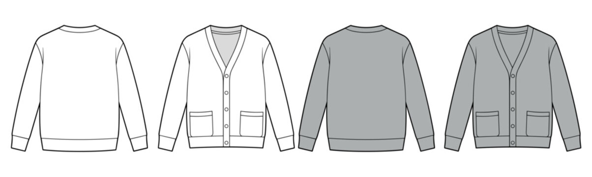 Button down cardigan technical fashion illustration with patch pockets and long sleeves. V-neck jumper apparel flat sketch front and back view. Men women unisex garment CAD mockup.