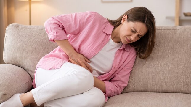 Young Woman Suffering from Severe Abdominal Pain, Cystitis, and Pelvic Discomfort