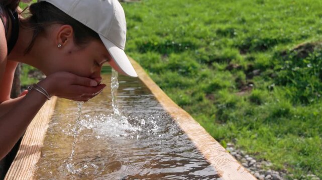 Drinking Pure Alpine Spring Water from a Traditional Fountain at Seealpsee, Switzerland