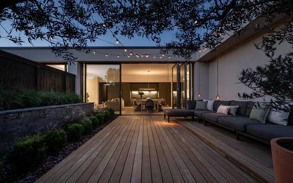 Outdoor wooden deck with a large grey sectional sofa, string lights, and a view into a lit living room through sliding glass doors at twilight