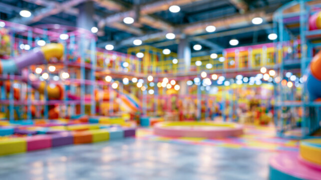 Bright blurred indoor playground with colorful climbing structures, slides, padded seating and open activity floor for children, family recreation, daycare advertising and cheerful lifestyle backgroun
