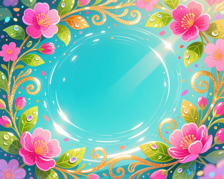 Surrounding a turquoise circle with a spring or easter theme, the illustration features a digital art style with pink flowers, green leaves, and golden swirls.
