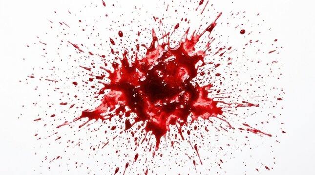Dramatic red blood splatter explosion on a pristine white background, creating an intense, textured visual perfect for crime, medical, forensic, or abstract horror concepts.