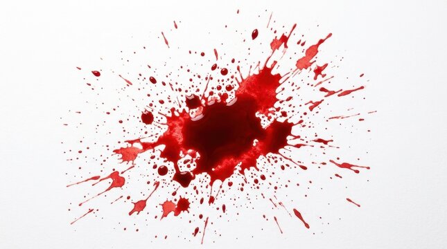 Vivid red blood splatter on a white background, creating an abstract and graphic texture. Concept of crime, violence, injury, danger, accident, emergency, or horror.