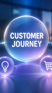 Customer journey text displayed in a luminous circular interface with shopping cart and light bulb icons in a futuristic blue and purple setting.