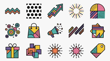 Obraz premium Creative Colorful Abstract Icons Set with Geometric Shapes Shopping Bags Explosions and Gift Boxes in Vibrant Pastel and Bright Colors